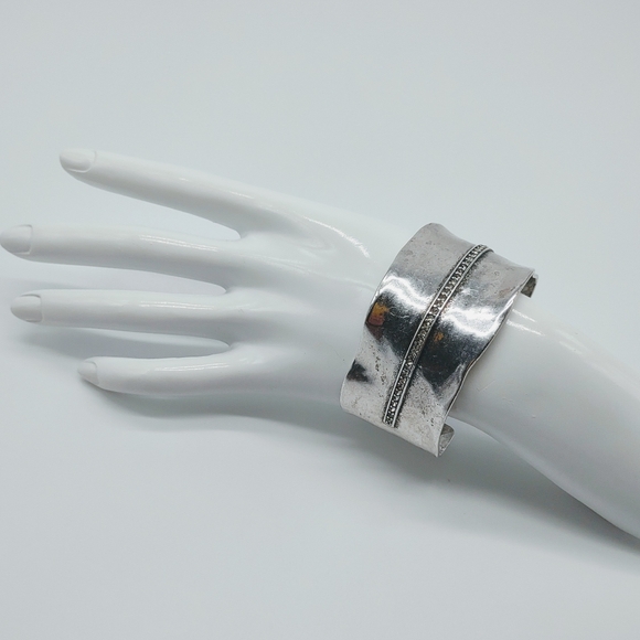 Silver Tone Wide Distressed Modernist Crystal Cuff Bracelet - Picture 4 of 12